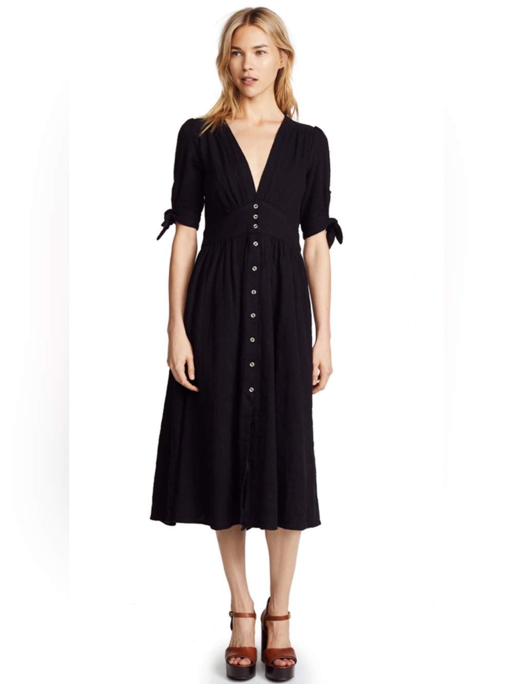 Free People All for Love Button-Front Midi Dress in Black Cotton Gauze S